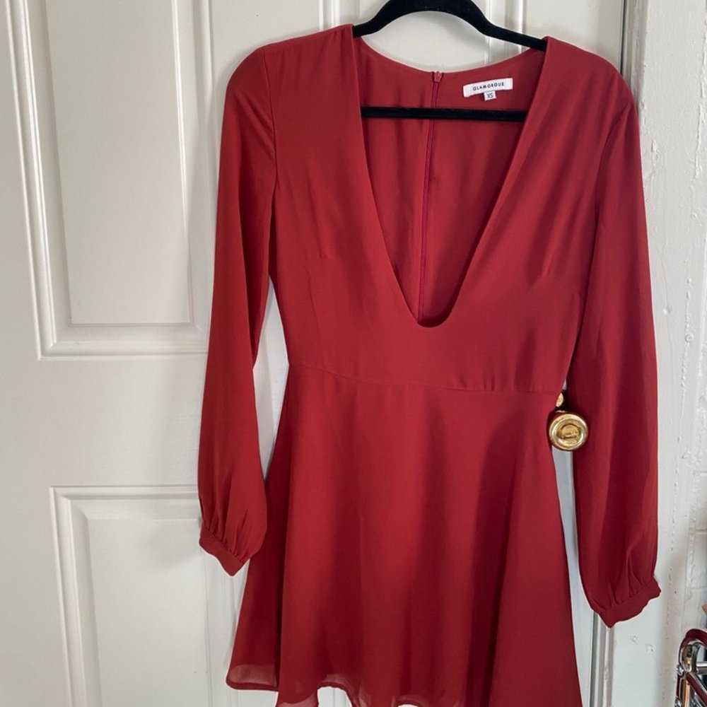 Glamorous Red Plunging V Neck Long Sleeve Dress